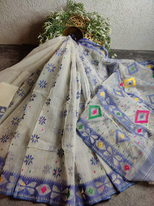 WHITE HALF SILK PURE HANDLOOM DHAKAI JAMDANI SAREE
