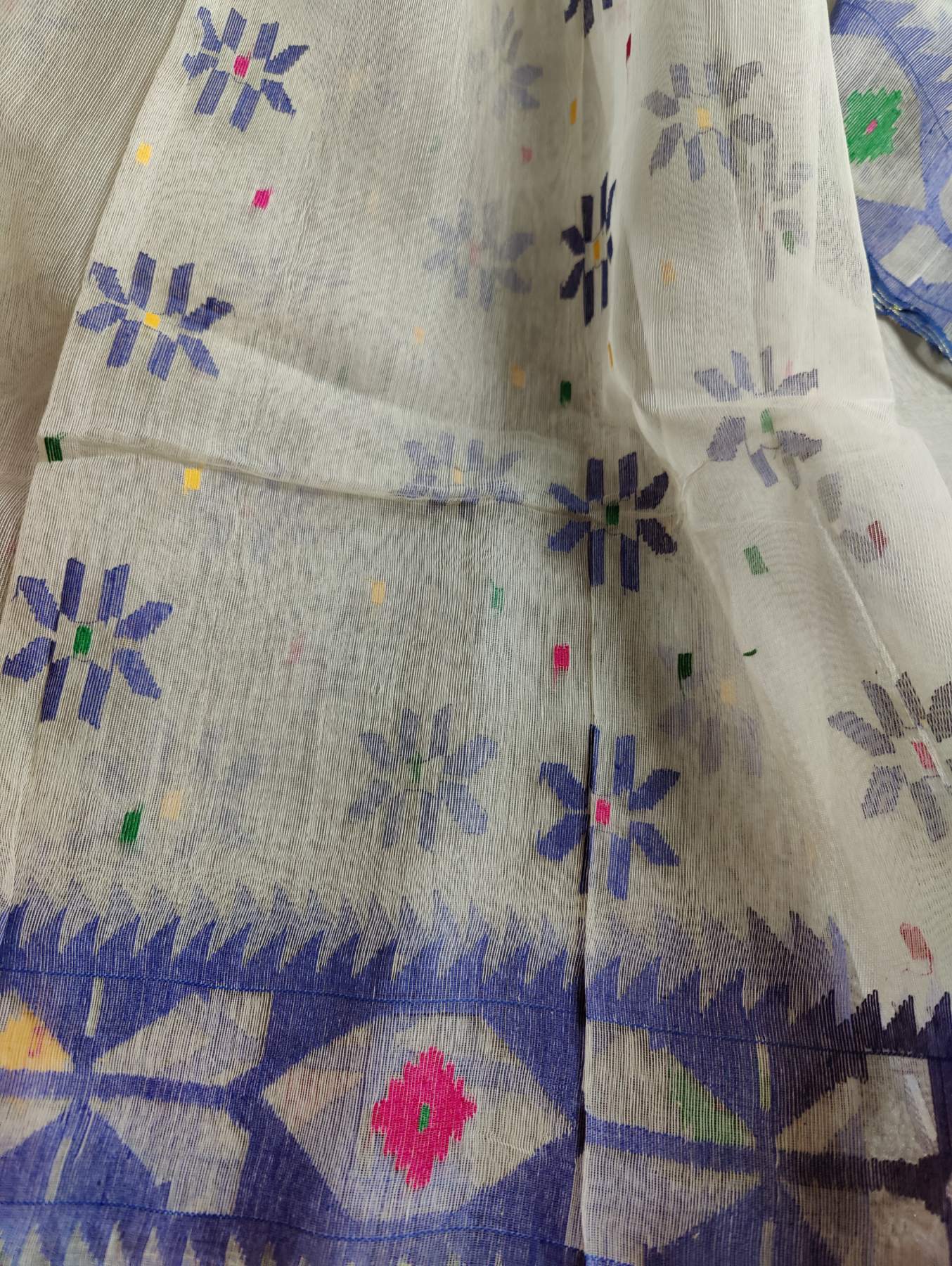 WHITE HALF SILK PURE HANDLOOM DHAKAI JAMDANI SAREE
