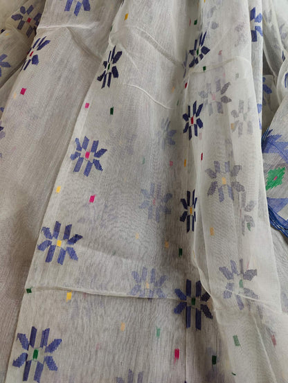 WHITE HALF SILK PURE HANDLOOM DHAKAI JAMDANI SAREE