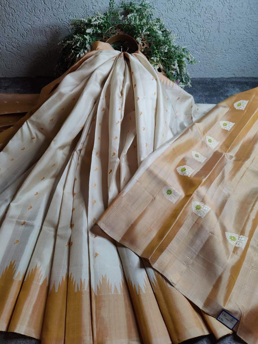 OFF WHITE SILK PURE HANDLOOM NON JARI GADWAL SAREE