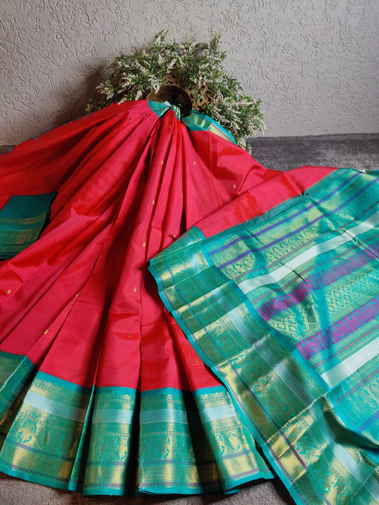 DARK CORAL PINK SILK PURE HANDLOOM KANJIVARAM SAREE