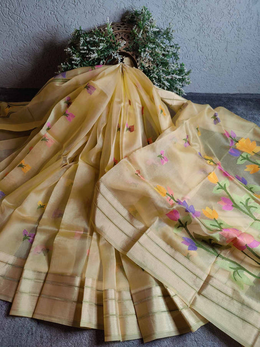 PASTLE YELLOW KORA PURE HANDLOOM BANARASI SAREE