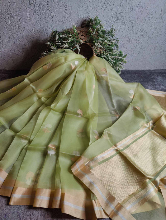 PASTLE GREEN KORA PURE HANDLOOM BANARASI SAREE