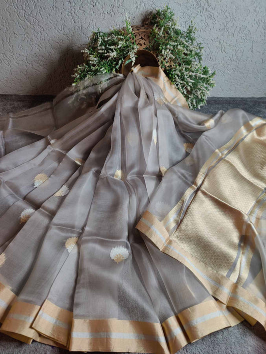 GREY KORA PURE HANDLOOM BANARASI SAREE