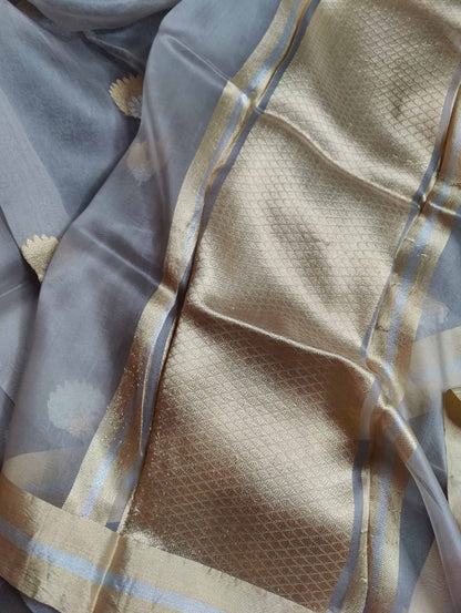 GREY KORA PURE HANDLOOM BANARASI SAREE