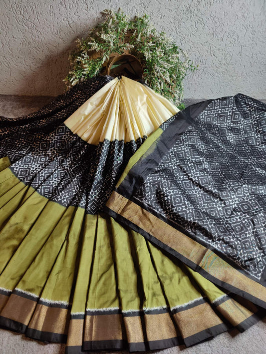CREAM BLACK AND MEHENDI GREEN  SILK PURE HANDLOOM IKKAT SAREE