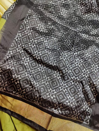 CREAM BLACK AND MEHENDI GREEN  SILK PURE HANDLOOM IKKAT SAREE