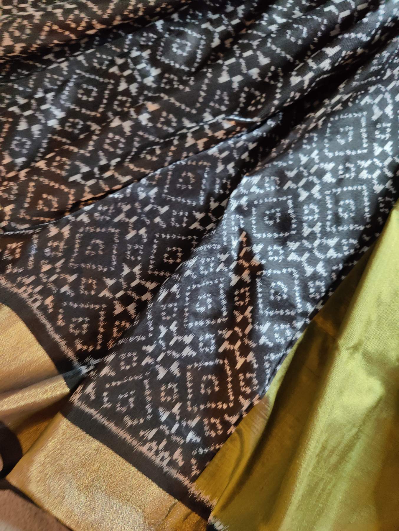 CREAM BLACK AND MEHENDI GREEN  SILK PURE HANDLOOM IKKAT SAREE