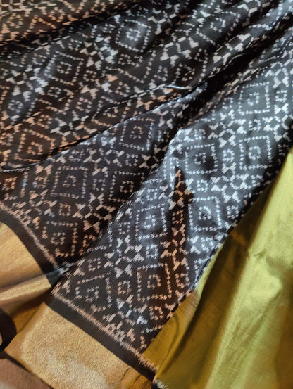 CREAM BLACK AND MEHENDI GREEN  SILK PURE HANDLOOM IKKAT SAREE