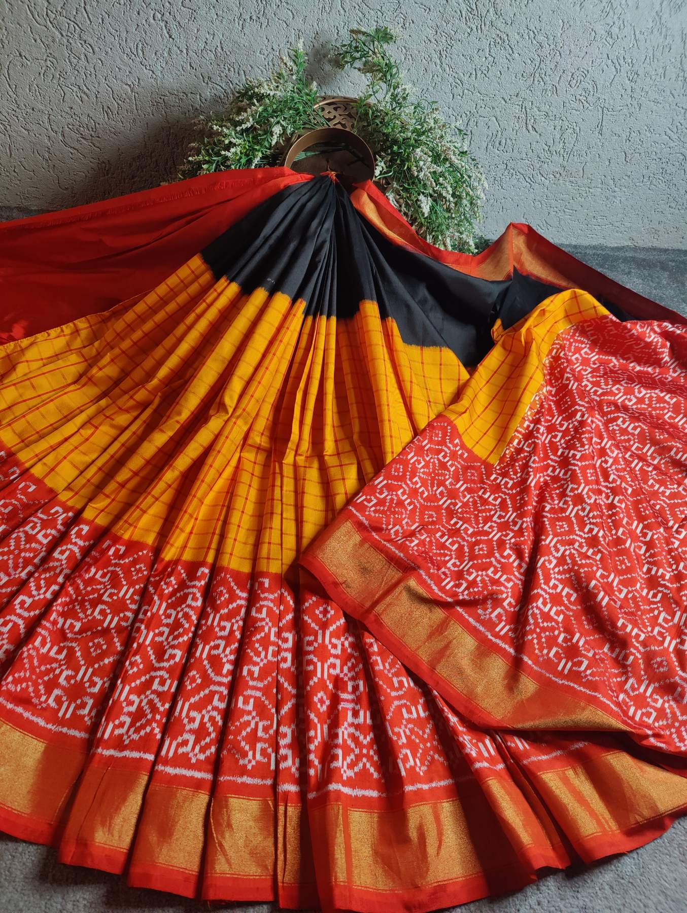 YELLOW RED BLACK SILK PURE HANDLOOM IKKAT SAREE