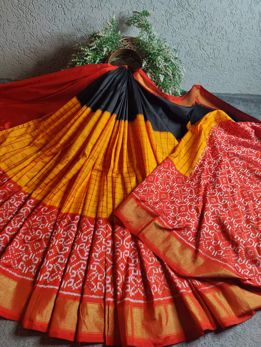 YELLOW RED BLACK SILK PURE HANDLOOM IKKAT SAREE