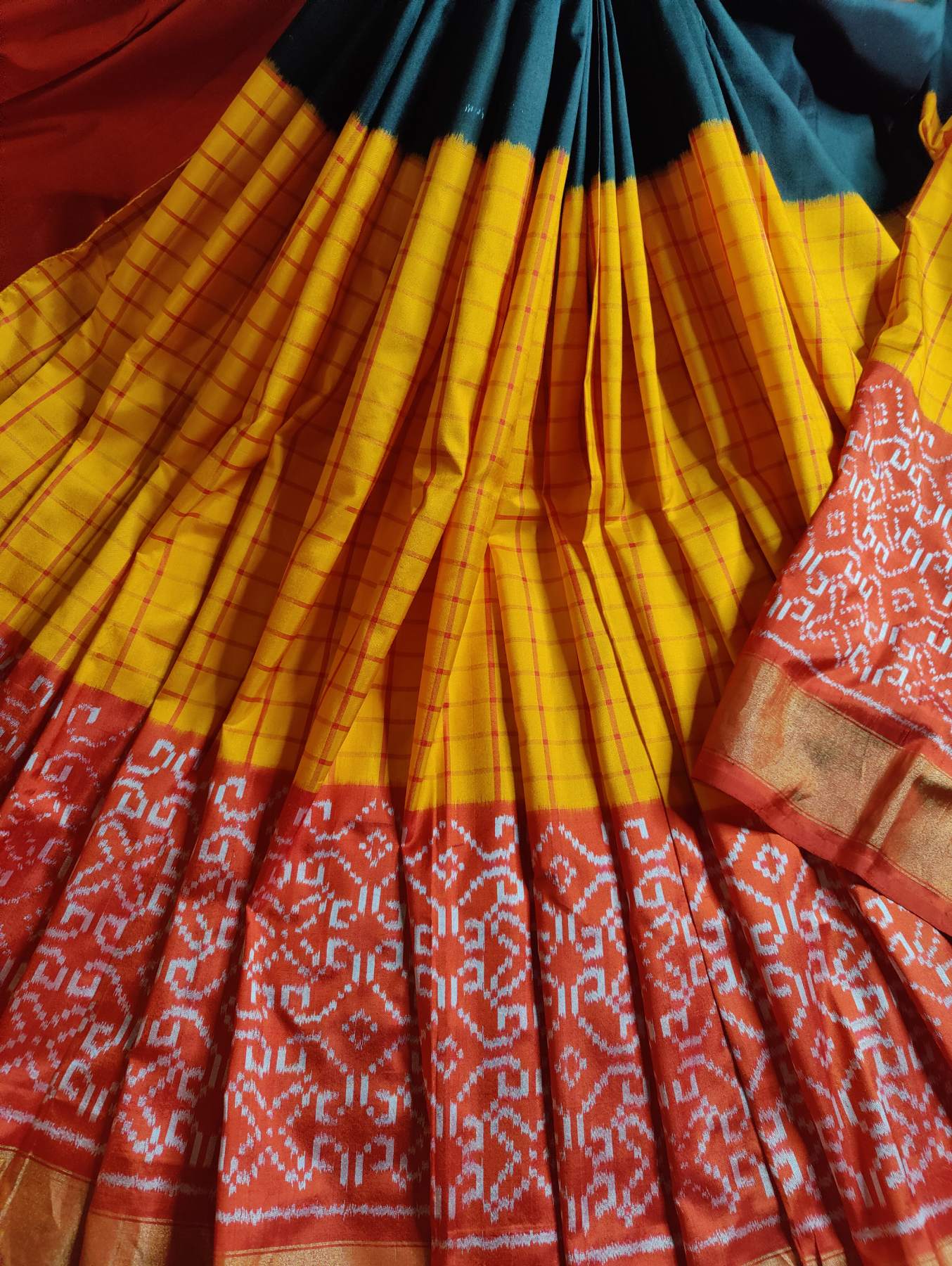 YELLOW RED BLACK SILK PURE HANDLOOM IKKAT SAREE
