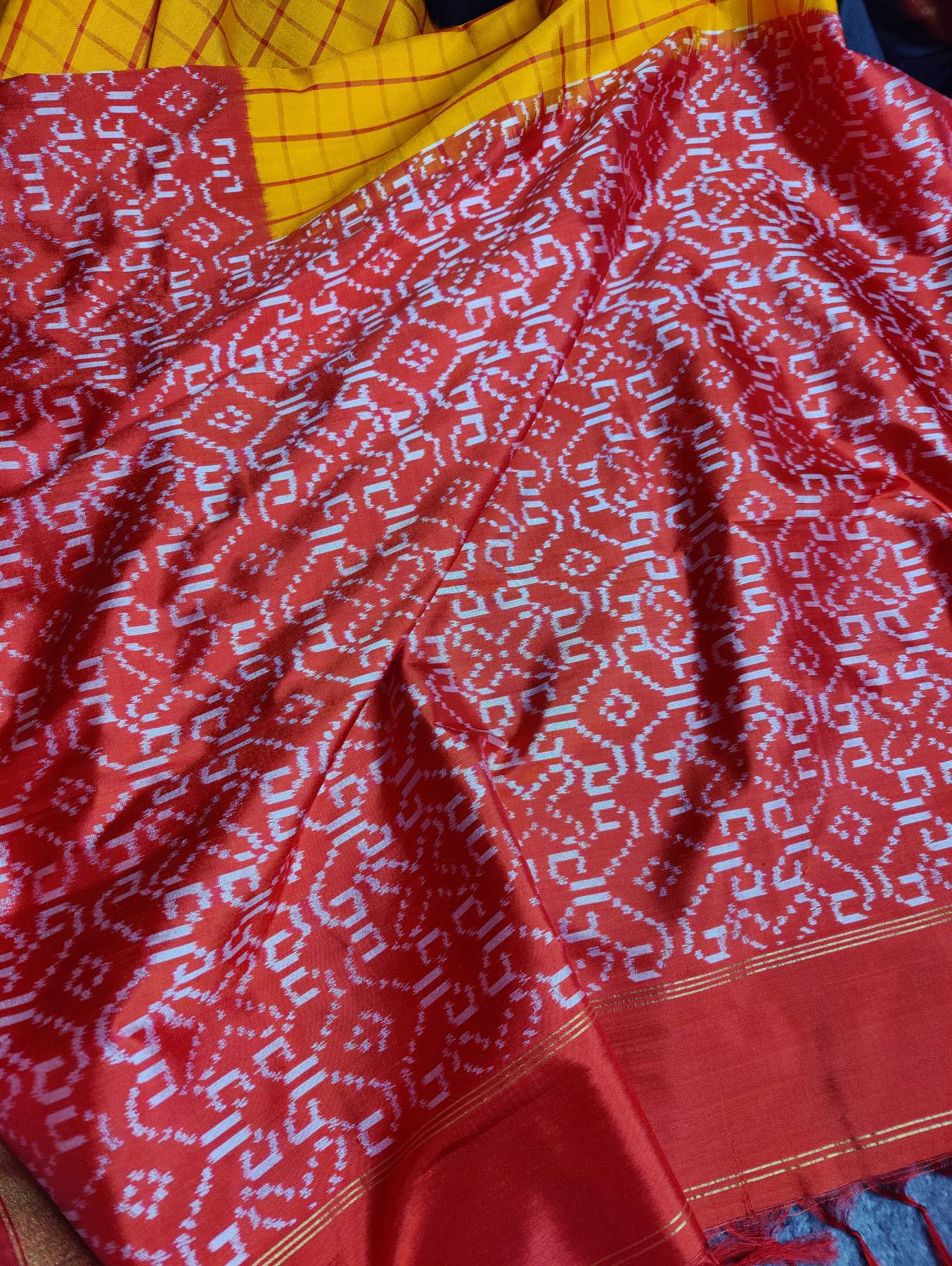 YELLOW RED BLACK SILK PURE HANDLOOM IKKAT SAREE