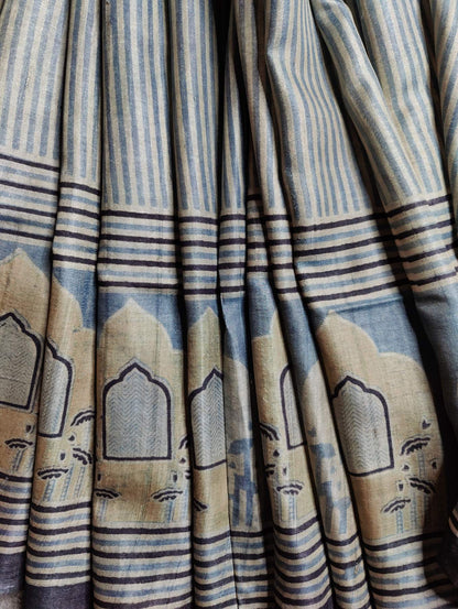 LIGHT BLUE TUSSAR SILK PURE HANDLOOM ORGANIC DYE HANDBLOCK PRINT SAREE