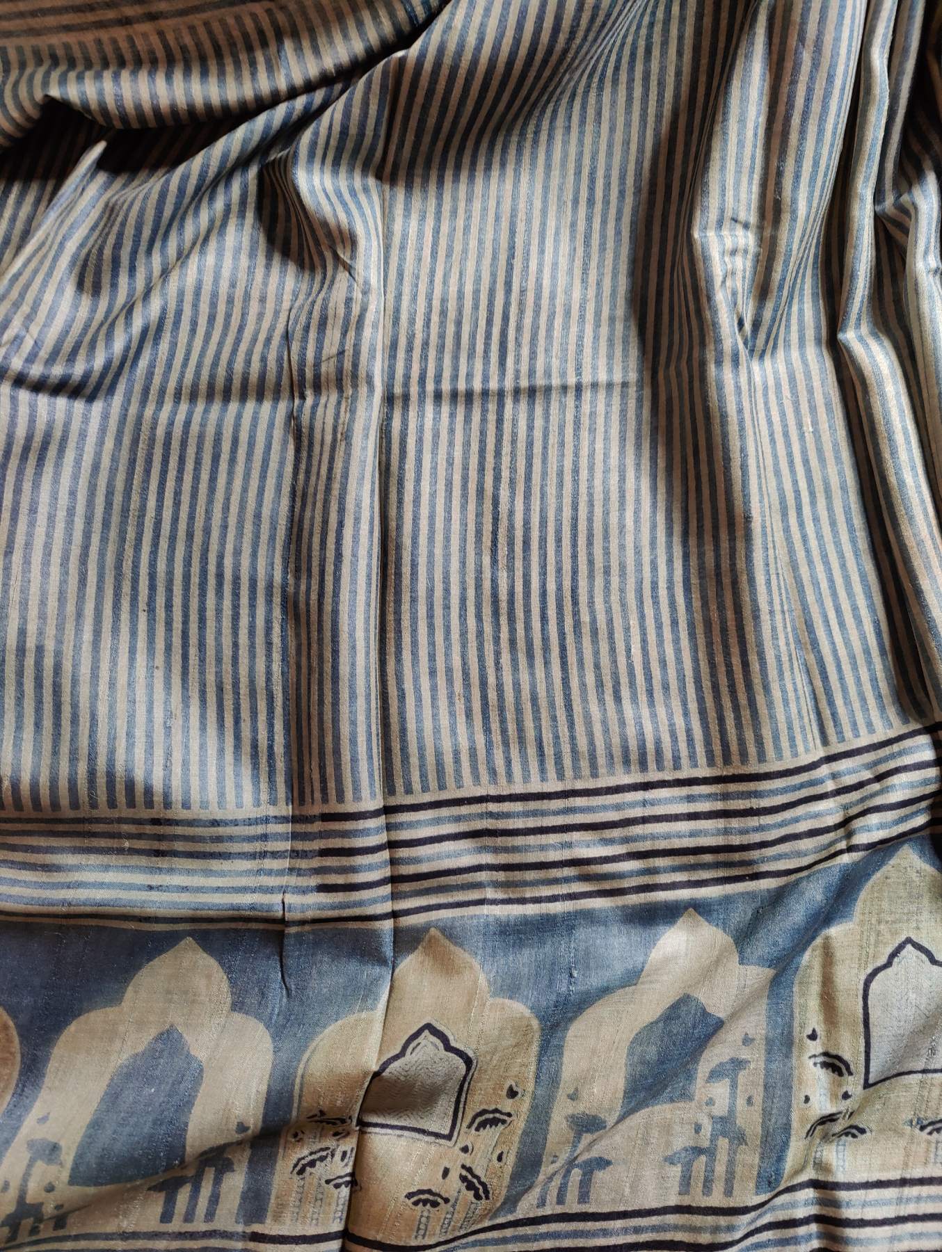LIGHT BLUE TUSSAR SILK PURE HANDLOOM ORGANIC DYE HANDBLOCK PRINT SAREE