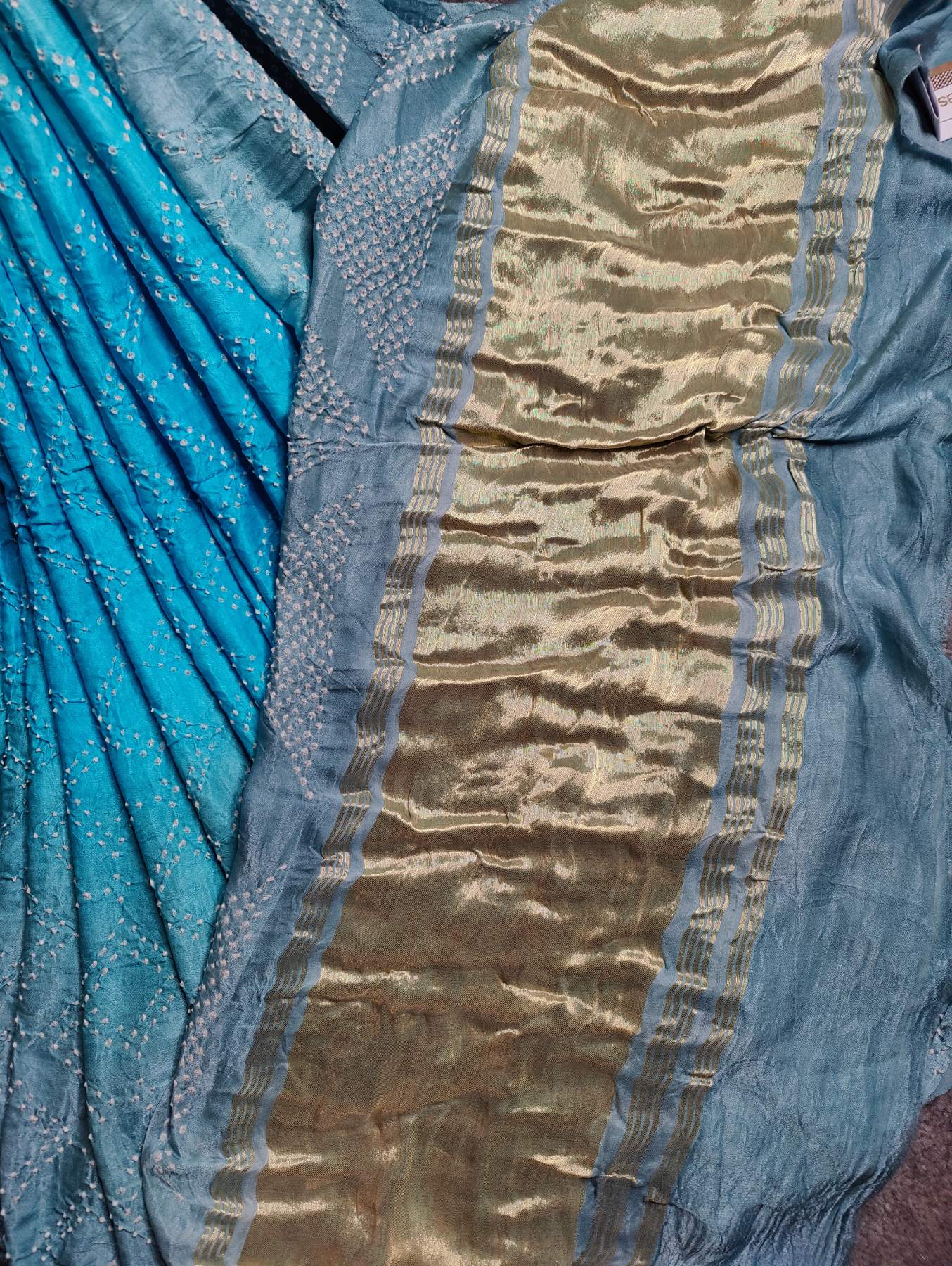 TWO TONE AQUA BLUE AND GREY GAJJI SILK PURE HANDLOOM BANDHEJ SAREE