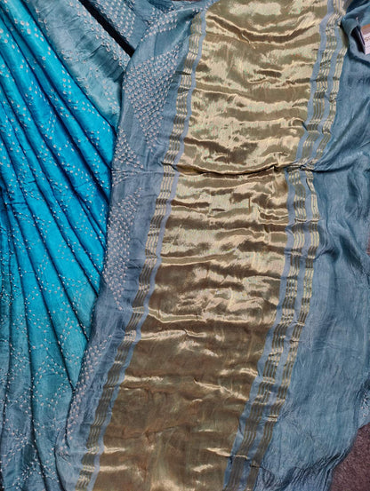 TWO TONE AQUA BLUE AND GREY GAJJI SILK PURE HANDLOOM BANDHEJ SAREE