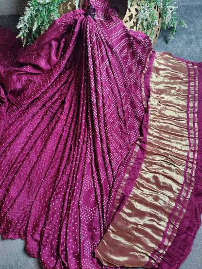 WINE GAJJI SILK PURE HANDLOOM BANDHEJ SAREE