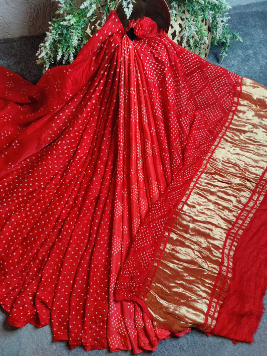 RED GAJJI SILK PURE HANDLOOM BANDHEJ SAREE