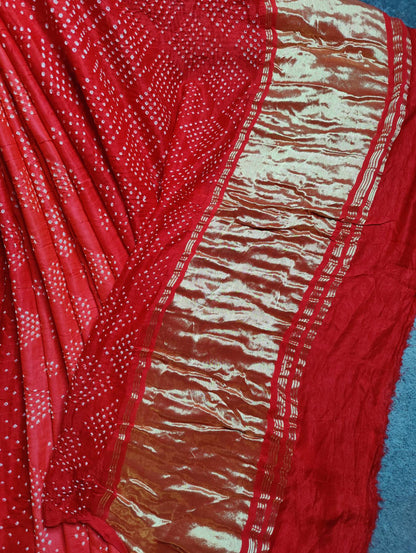RED GAJJI SILK PURE HANDLOOM BANDHEJ SAREE