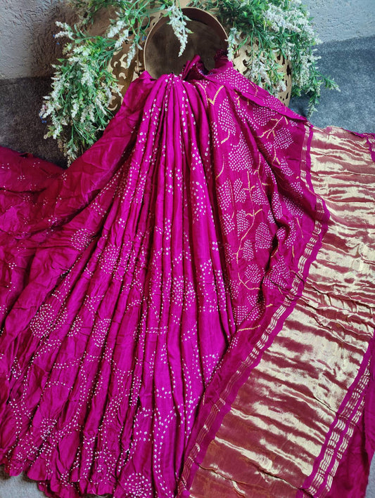 MAGENTA GAJJI SILK PURE HANDLOOM BANDHEJ SAREE