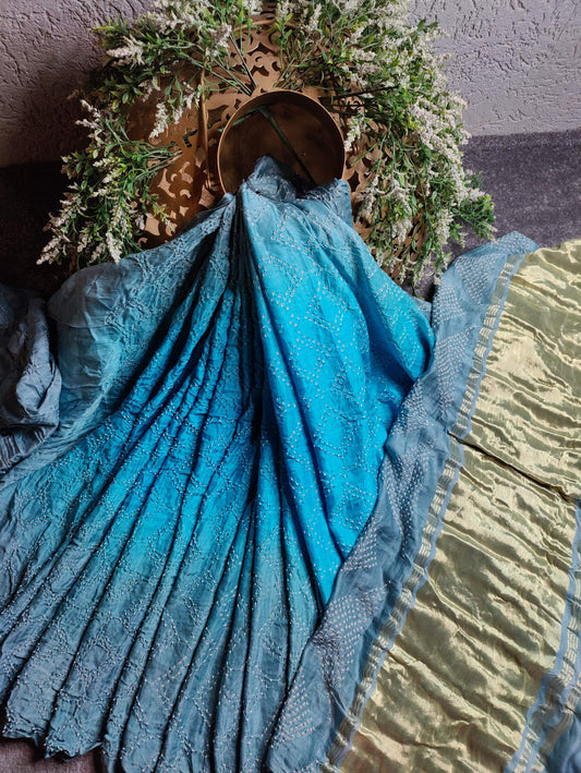 TWO TONE AQUA BLUE AND GREY GAJJI SILK PURE HANDLOOM BANDHEJ SAREE