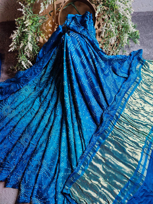 PEACOCK BLUE GAJJI SILK PURE HANDLOOM BANDHEJ SAREE