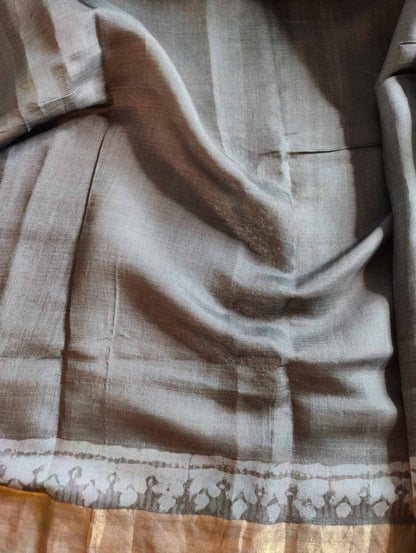 SLATE GREY TUSSAR SILK PURE HANDLOOM ORGANIC DYE HANDBLOCK PRINT SAREE