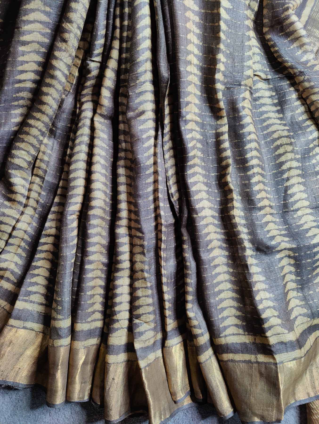 CHARCOAL GREY TUSSAR SILK PURE HANDLOOM ORGANIC DYE HANDBLOCK PRINT SAREE