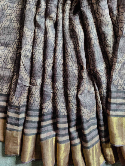EARTHY TONE TUSSAR SILK PURE HANDLOOM ORGANIC DYE HANDBLOCK PRINT SAREE