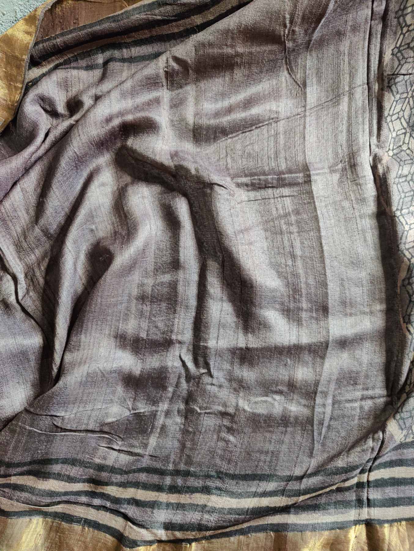 EARTHY TONE TUSSAR SILK PURE HANDLOOM ORGANIC DYE HANDBLOCK PRINT SAREE