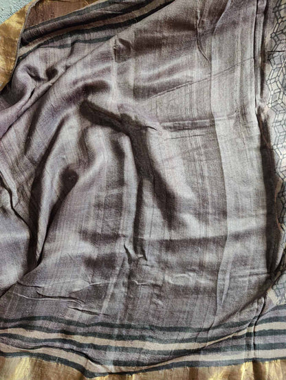 EARTHY TONE TUSSAR SILK PURE HANDLOOM ORGANIC DYE HANDBLOCK PRINT SAREE