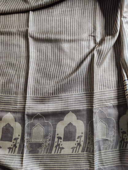 TAUPE COLOUR TUSSAR SILK PURE HANDLOOM ORGANIC DYE HANDBLOCK PRINT SAREE