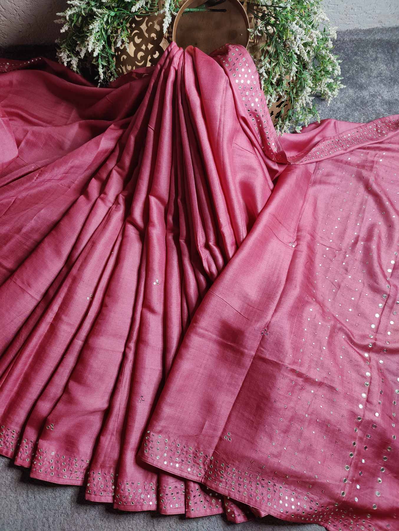 PINK TUSSAR SILK PURE HANDLOOM EMBROIDERY SAREE