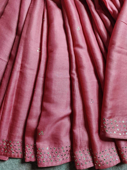 PINK TUSSAR SILK PURE HANDLOOM EMBROIDERY SAREE