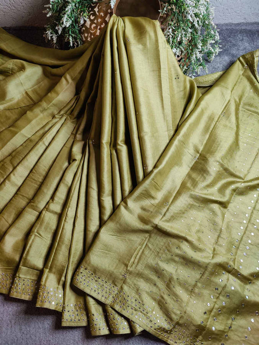 PISTA GREEN TUSSAR SILK PURE HANDLOOM EMBROIDERY SAREE