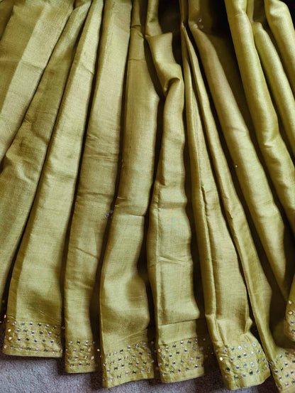 PISTA GREEN TUSSAR SILK PURE HANDLOOM EMBROIDERY SAREE