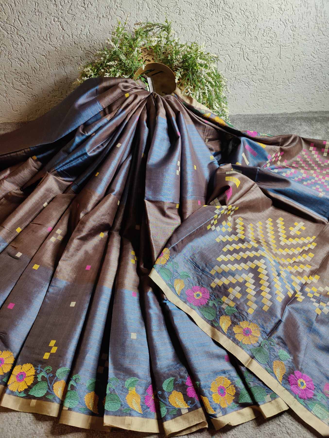 GREYISH BLUE AND BROWN TUSSAR SILK PURE HANDLOOM CROSS-STITCH EMBROIDERY SAREE