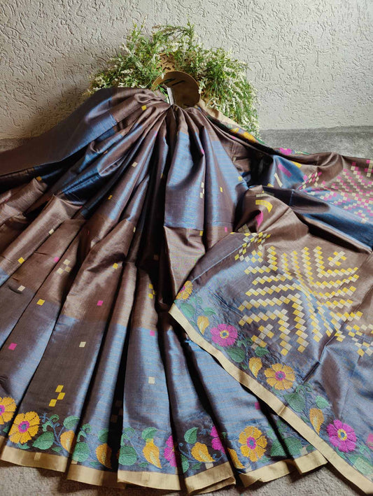 GREYISH BLUE AND BROWN TUSSAR SILK PURE HANDLOOM CROSS-STITCH EMBROIDERY SAREE