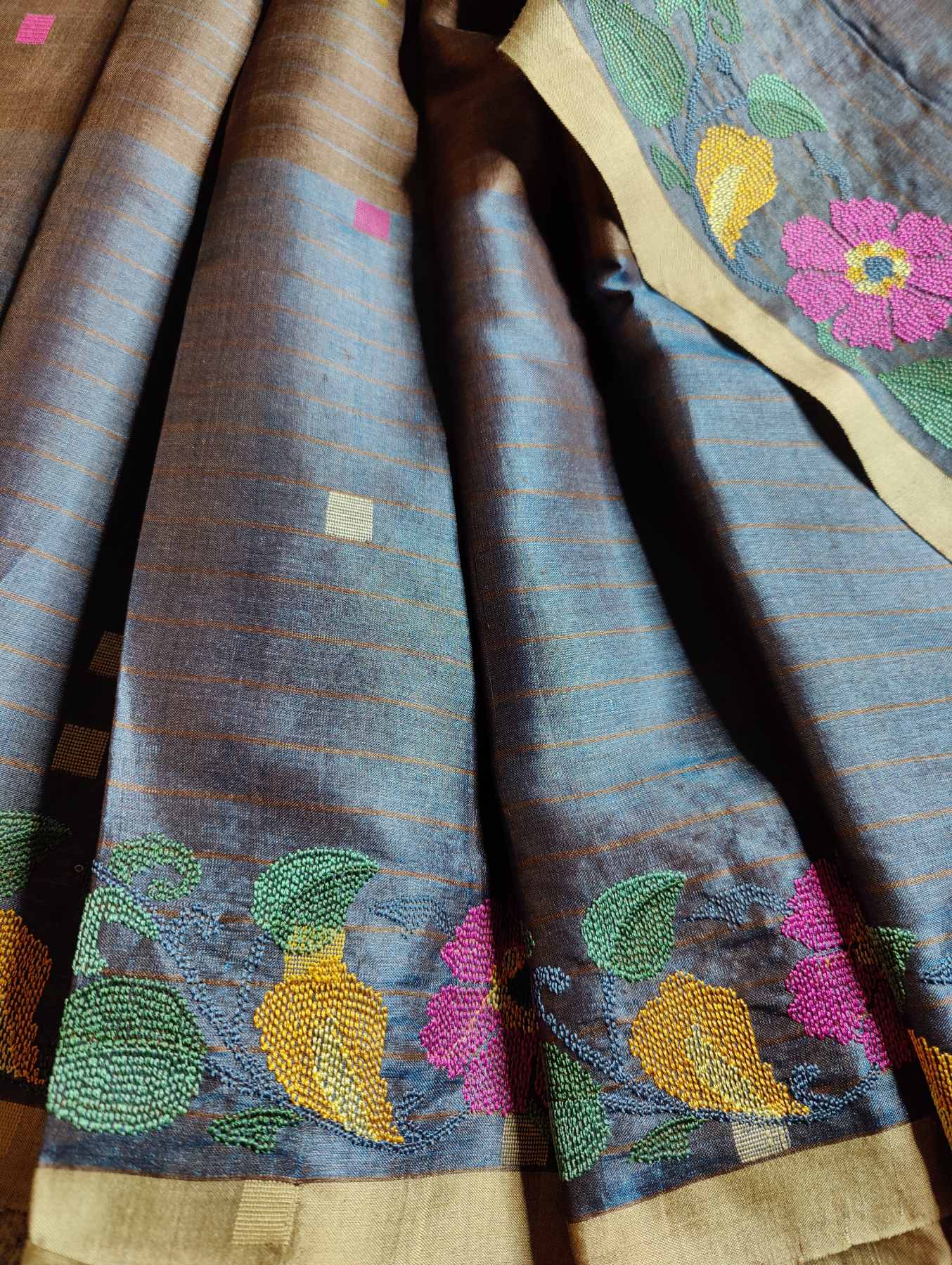 GREYISH BLUE AND BROWN TUSSAR SILK PURE HANDLOOM CROSS-STITCH EMBROIDERY SAREE