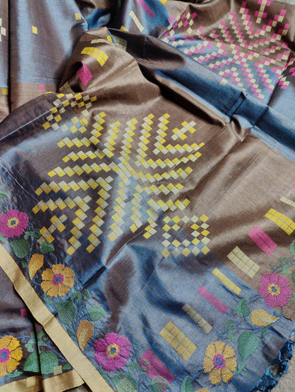 GREYISH BLUE AND BROWN TUSSAR SILK PURE HANDLOOM CROSS-STITCH EMBROIDERY SAREE