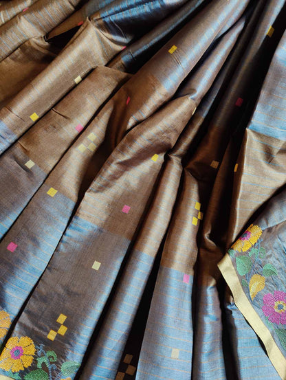 GREYISH BLUE AND BROWN TUSSAR SILK PURE HANDLOOM CROSS-STITCH EMBROIDERY SAREE