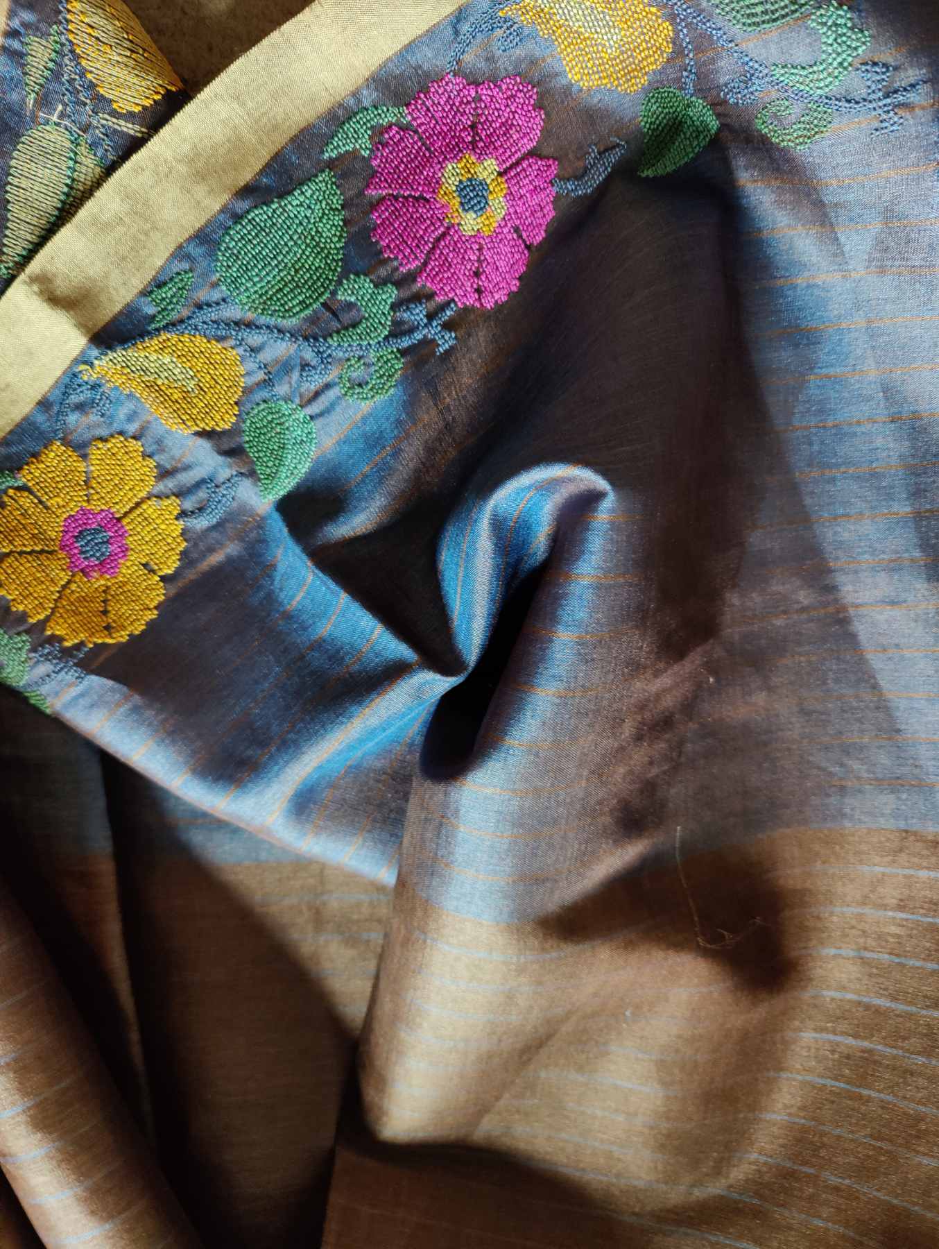 GREYISH BLUE AND BROWN TUSSAR SILK PURE HANDLOOM CROSS-STITCH EMBROIDERY SAREE