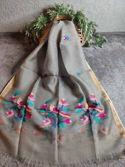 LIGHT GREY PURE HANDLOOM MUSLIN JAMDANI DUPATTA