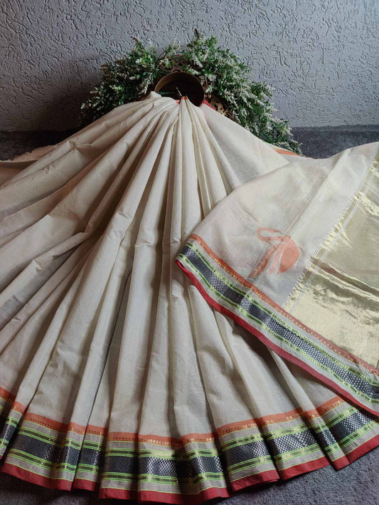 OFF WHITE COTTON TISSUE PURE HANDLOOM PAITHANI SAREE