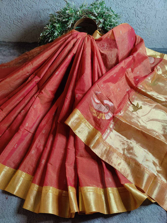 BRICK RED COTTON TISSUE PURE HANDLOOM PAITHANI SAREE