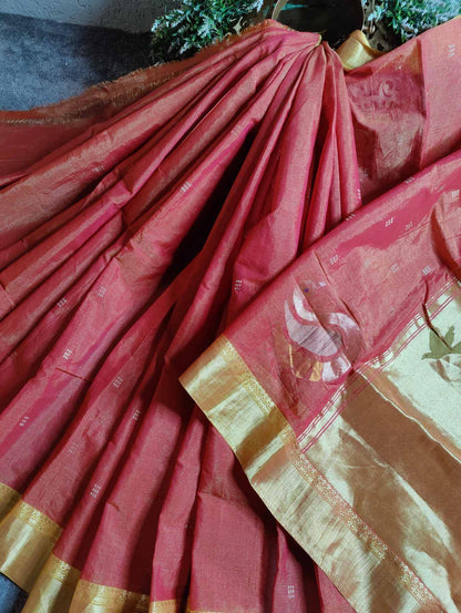 BRICK RED COTTON TISSUE PURE HANDLOOM PAITHANI SAREE