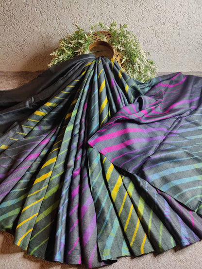 BLACK  TUSSAR SILK PURE HANDLOOM LEHERIYA SAREE
