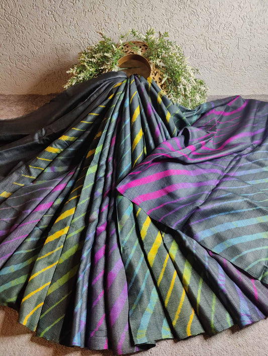 BLACK  TUSSAR SILK PURE HANDLOOM LEHERIYA SAREE