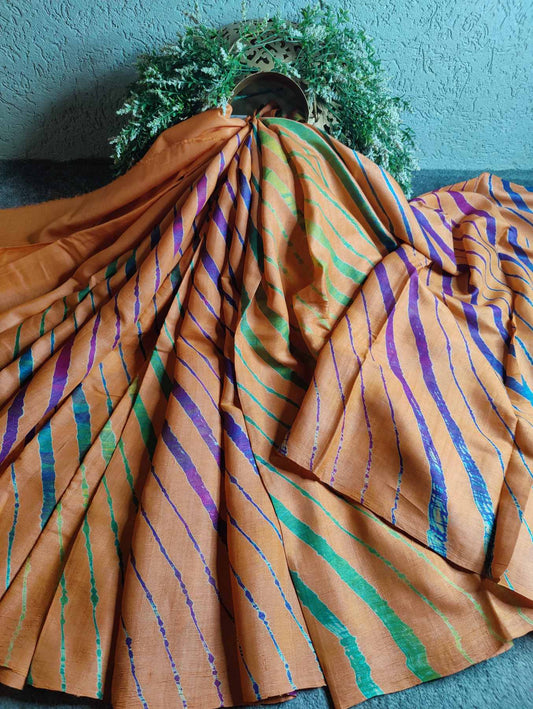 ORANGISH PEACH TUSSAR SILK PURE HANDLOOM LEHERIYA SAREE